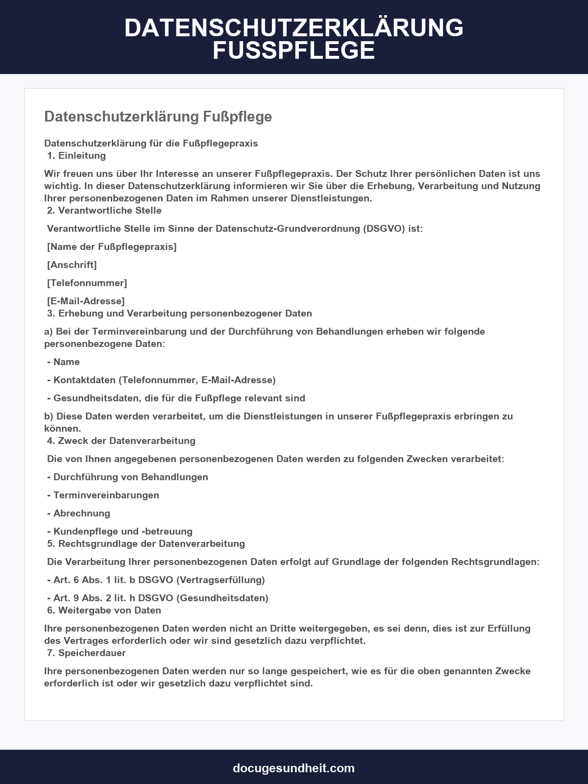 Datenschutzerklärung Fußpflege Vorlage