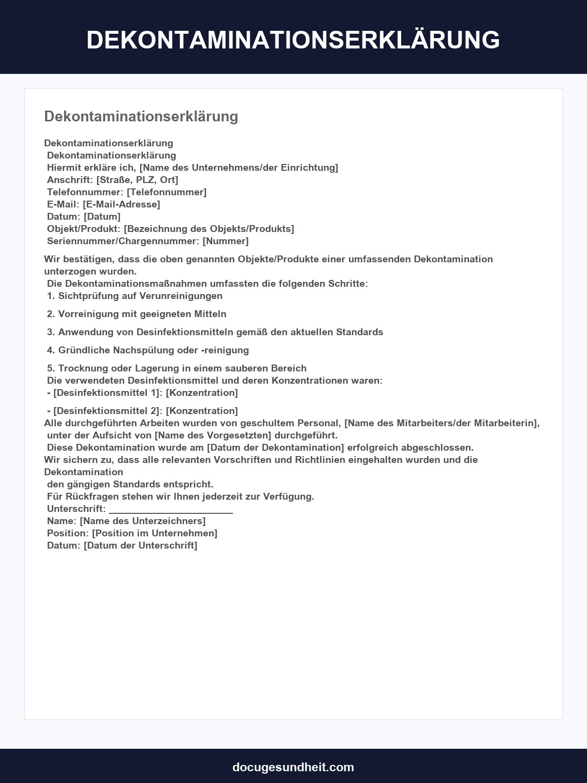 Dekontaminationserklärung Vorlage