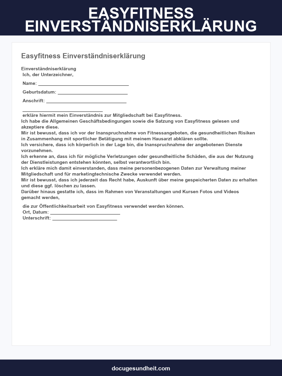 Easyfitness Einverständniserklärung