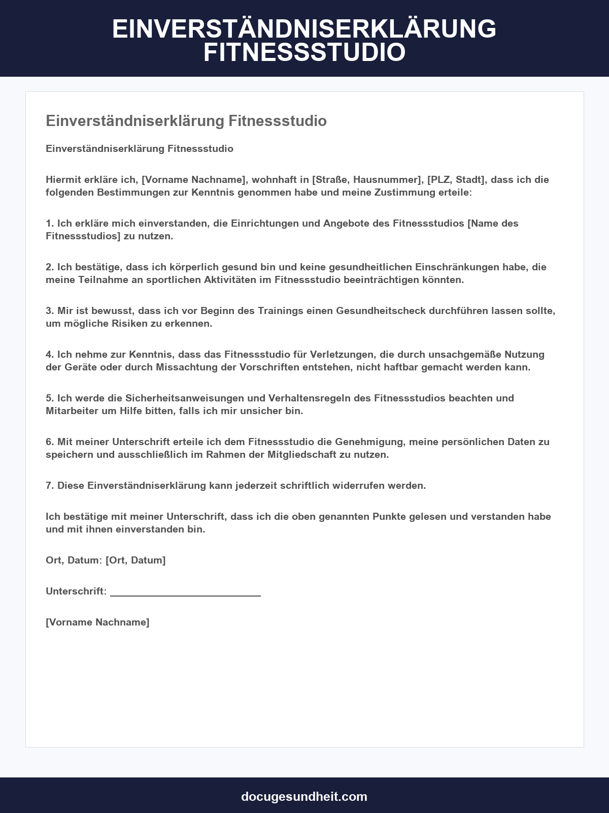 Einverständniserklärung Fitnessstudio