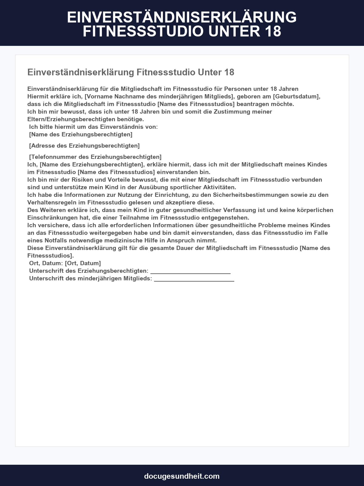 Einverständniserklärung Fitnessstudio Unter 18