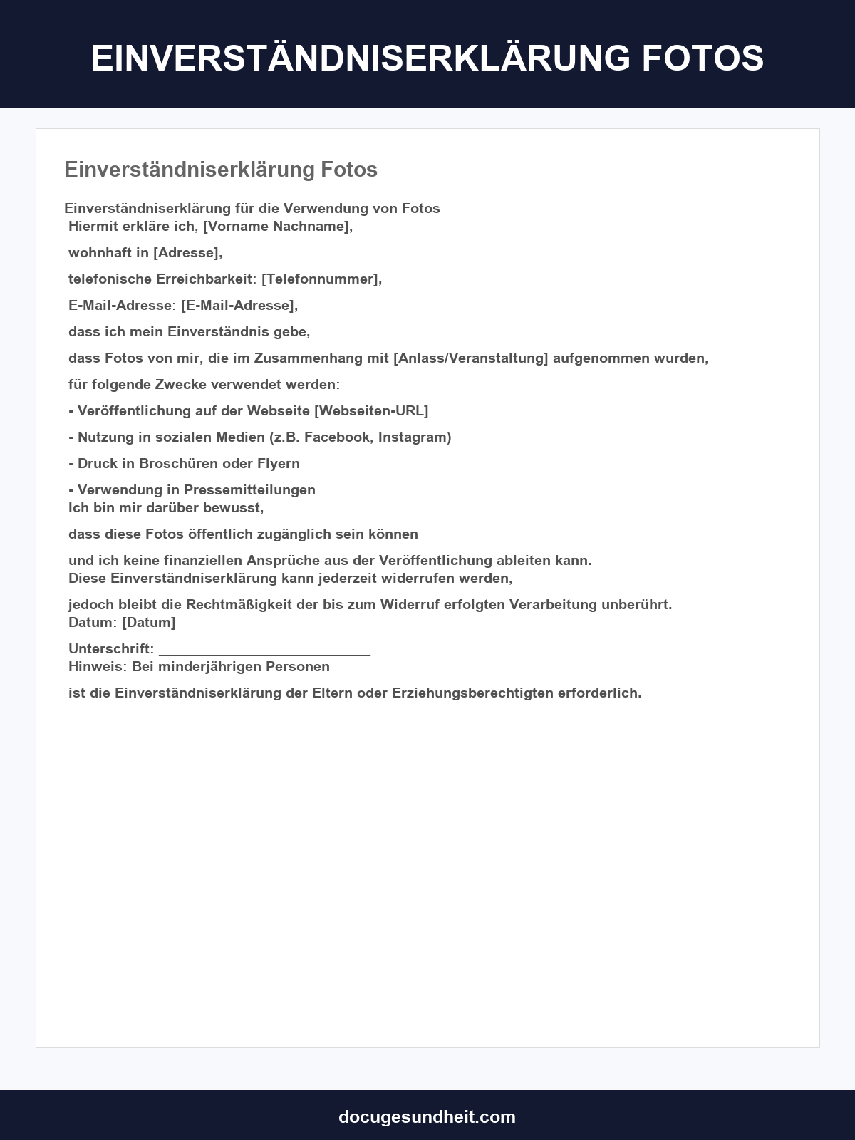 Einverständniserklärung Fotos Vorlage