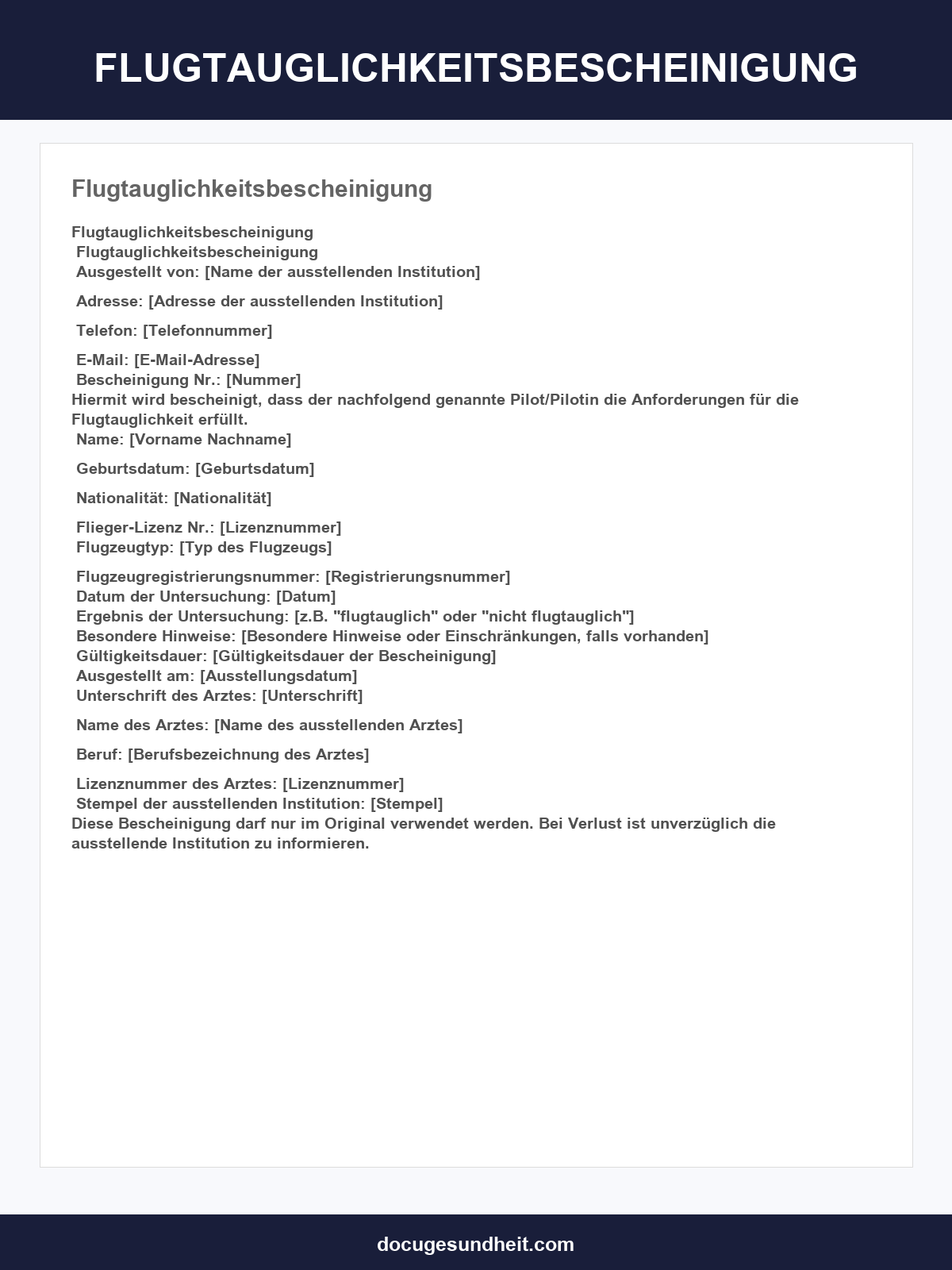 Flugtauglichkeitsbescheinigung Vordruck