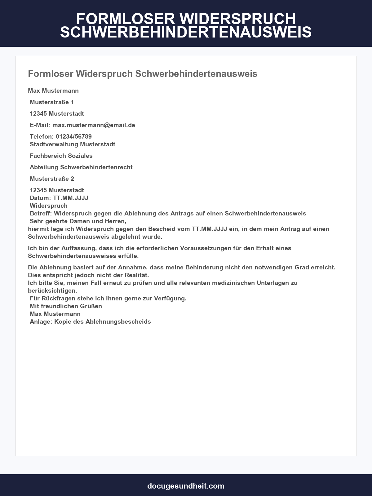 Formloser Widerspruch Schwerbehindertenausweis
