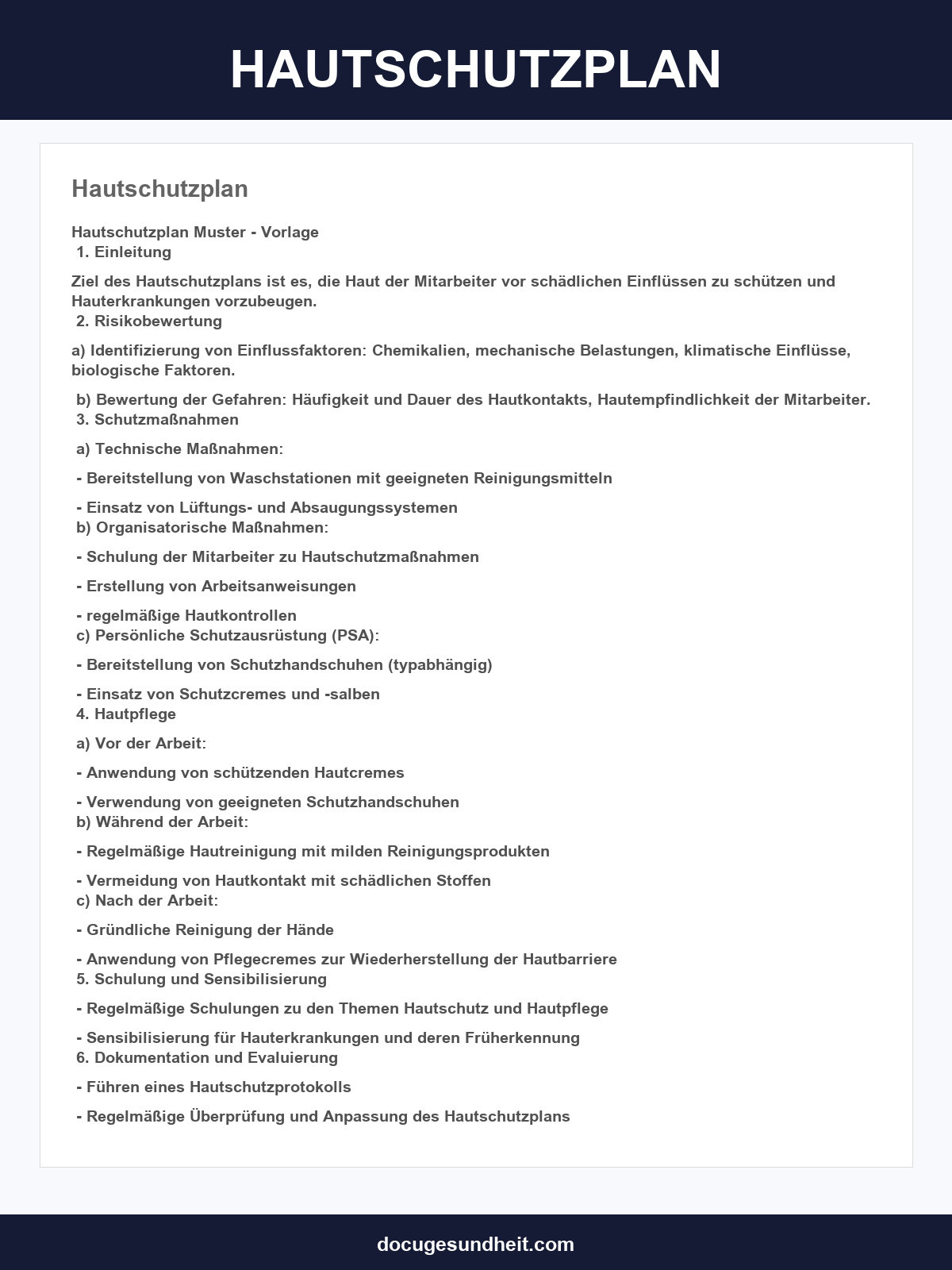 Hautschutzplan Vorlage