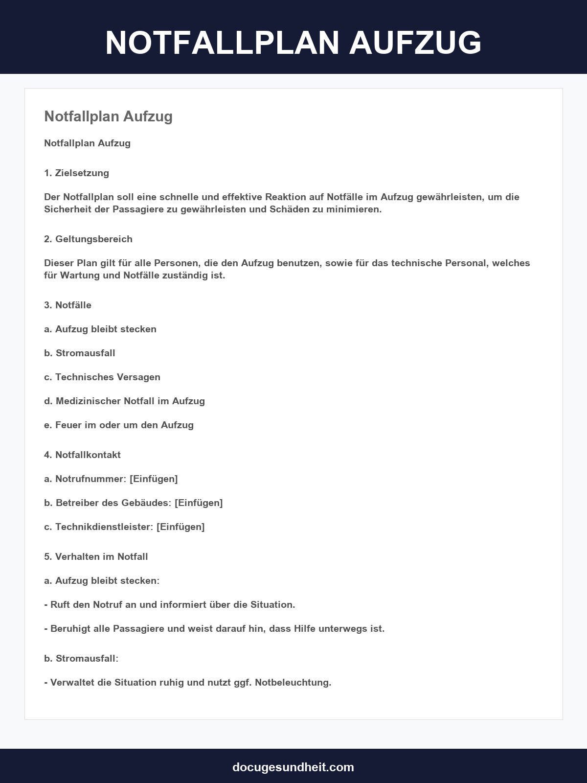 Notfallplan Aufzug Vorlage