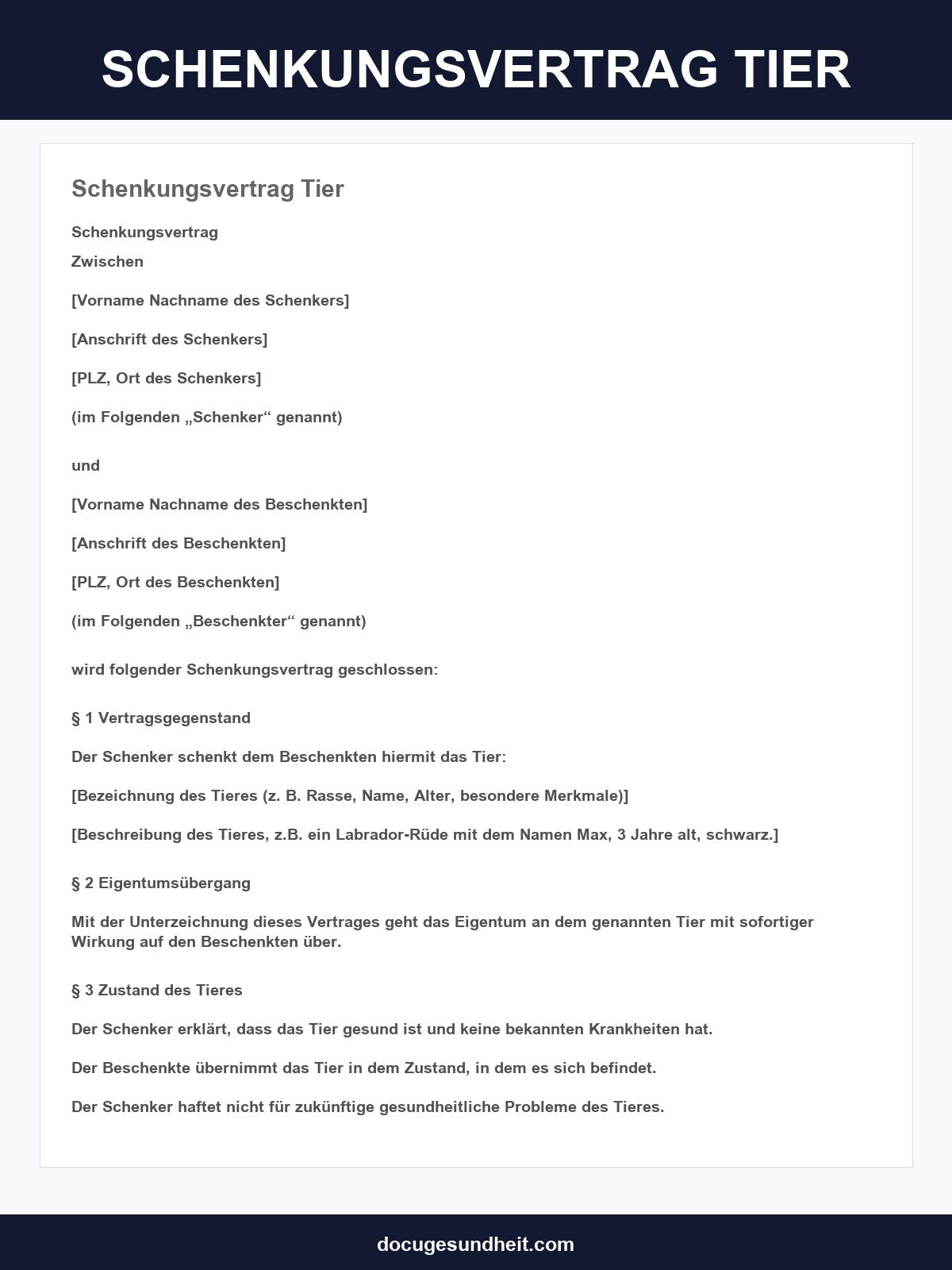 Schenkungsvertrag Tier Vorlage
