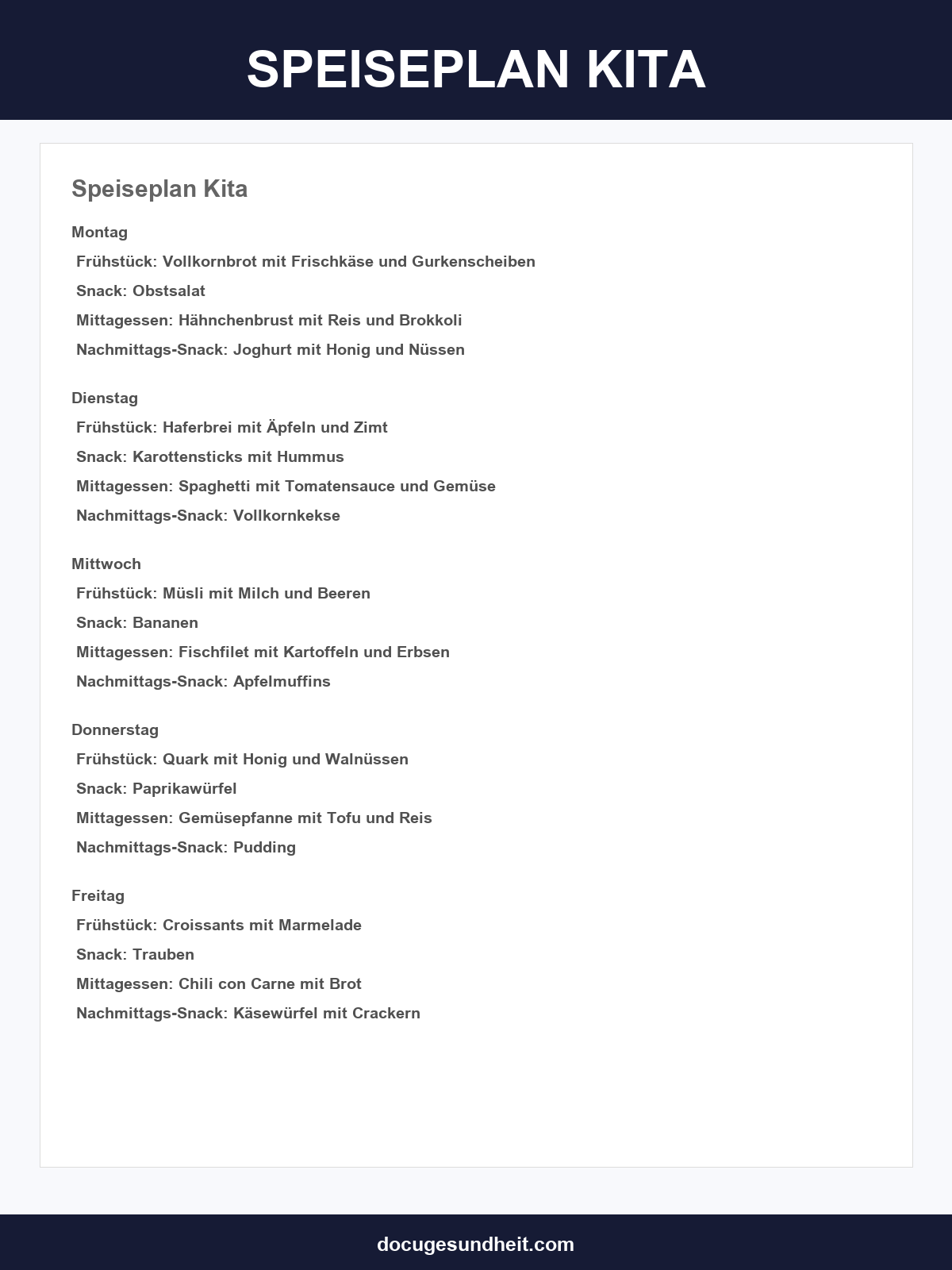 Speiseplan Kita Vorlage
