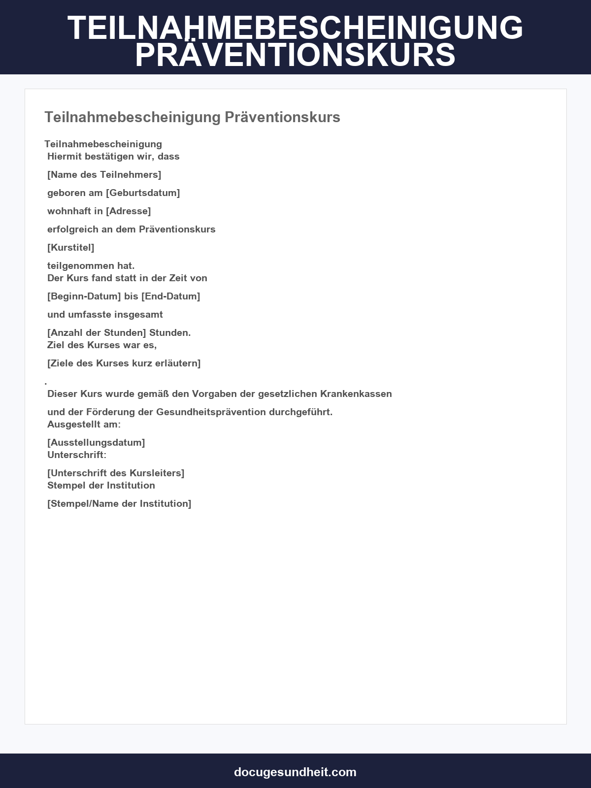 Vordruck Teilnahmebescheinigung Präventionskurs
