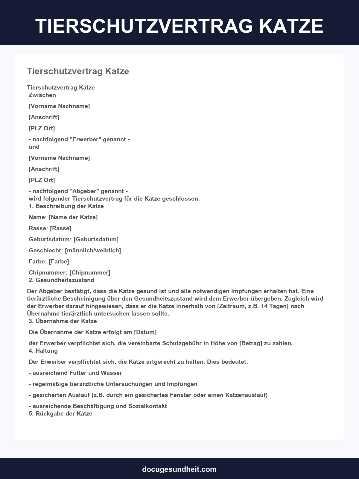 Tierschutzvertrag Katze Vorlage