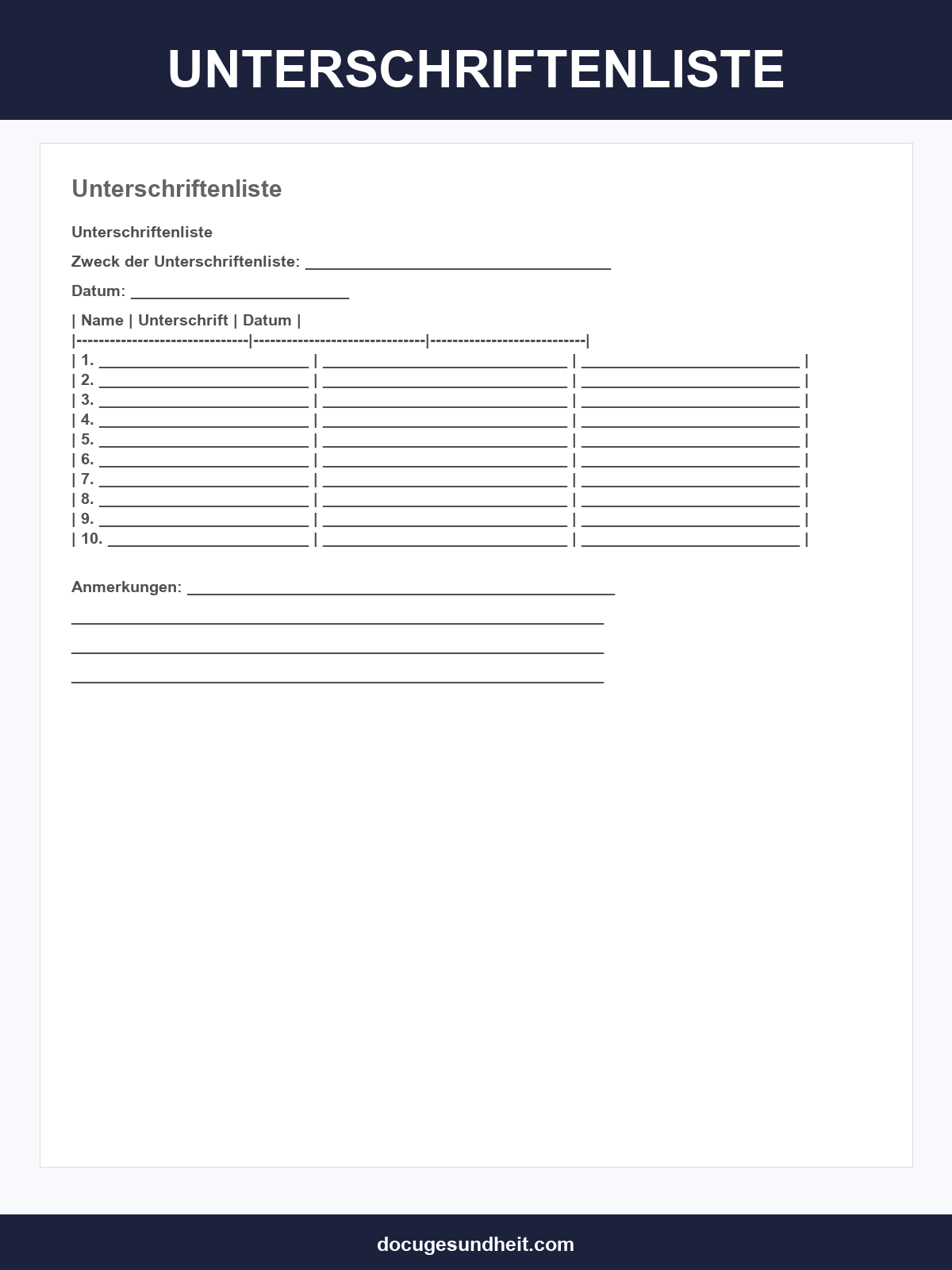 Unterschriftenliste Vorlage