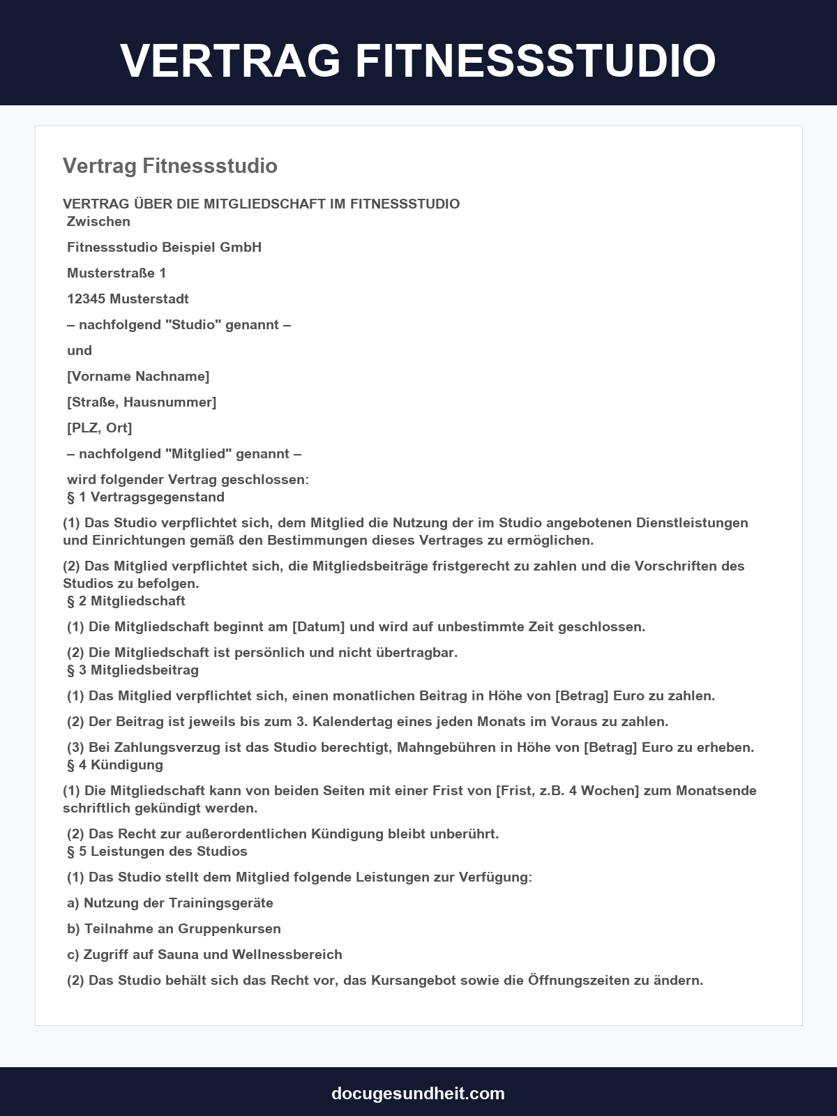Mustervertrag Fitnessstudio