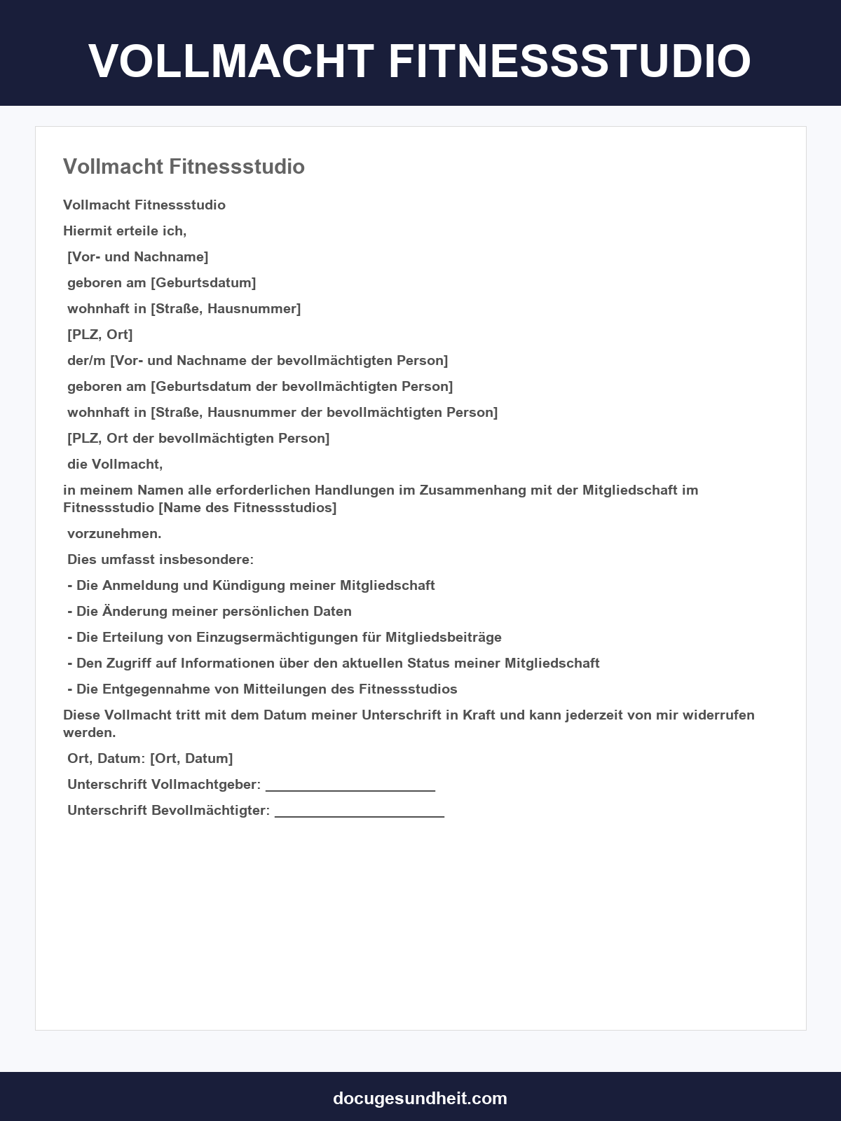 Vollmacht Fitnessstudio